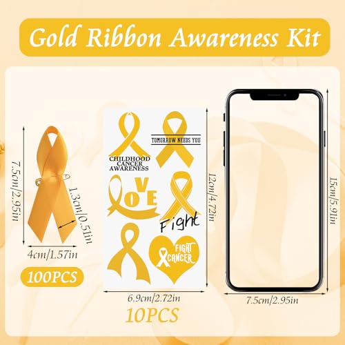 WANDIC Gold Ribbon Awareness Kit, 100PCS Ribbon Pins 10 Sheets Temporary Tattoo for Childhood Cancer for Public Benefit Activities