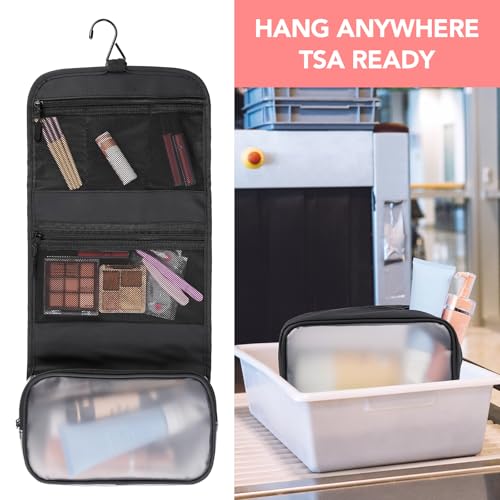 Travel Toiletry Bag 5-Piece Kit, Hanging Toiletries Bag+TSA Approved Cosmetic Bag+Jewelry Bag+ Brush Bag+Cable Bag, Professional Travel Essentials Accessories Organizer for Women- Black