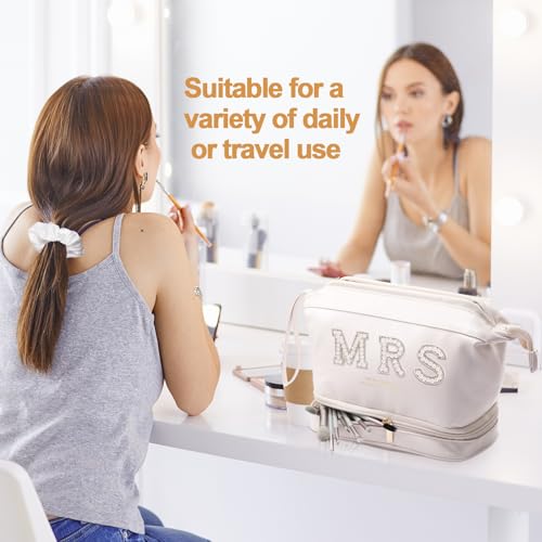 Bride Wedding Makeup Bag Large Double Layers Cosmetic Bag Travel Jewelry Box Claw Hair Clip Bridal Hair Tie for Women Bridal Shower Gift Engagement Present (White,Mrs)