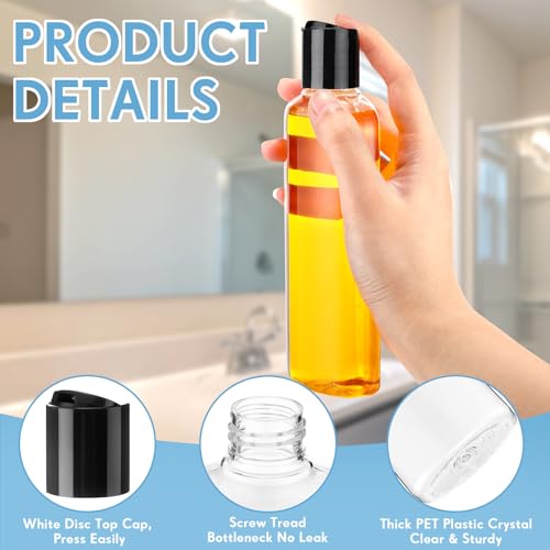 Domensi 50 Pcs Travel Bottles Bulk Empty Plastic Bottle 6.8oz Clear Refillable Squeeze Travel Containers Reusable Cosmetic Shampoo Containers with Disc Cap for Hand Sanitizers Lotions (Black Lid)