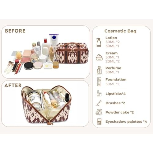 Boho Western Makeup Bag for Women Aztec Waterproof Travel Cosmetic Organizer Spacious PU Leather Toiletry Bag with Tribal Print for Everyday Use and Weekend Trips