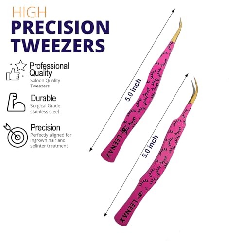 Professional 2-Piece Eyelash Extension Tweezers Set ? Premium Stainless Steel Precision Tweezers with Anti-Slip Grip with Fiber Tips (Pink)