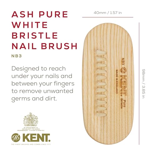Kent NB3 Natural Bristle Fingernail Brush and Hand Scrub Brush for Nails. Beechwood Finger Nail Brush to Clean Nails and Nail Scrubber Brush for Hands, Feet, Fingernails, and Toenails. Made in England