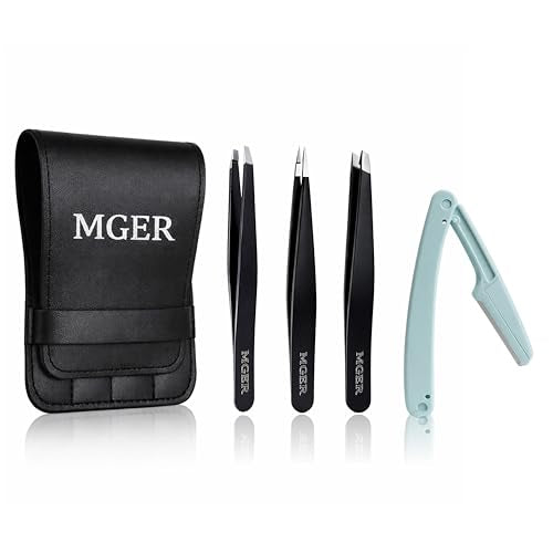 MGER Tweezers Set - Professional Stainless Steel Tweezers for Eyebrows - Great Precision for Facial Hair, Splinter and Ingrown Hair Removal