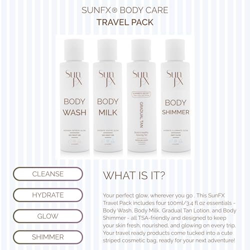 SunFX Travel Pack 4 Piece Self Tan & Body Care Kit with Gradual Tanning Lotion, Shimmer Lotion, Body Milk