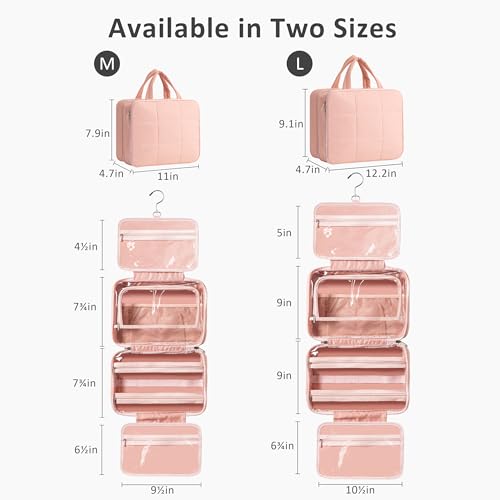 HBlife Travel Toiletry Bag with Jewelry Organizer for Women, Puffy Hanging Travel Bag for Toiletries with Trolley Belt, Waterproof Makeup Cosmetic Bag Organizer, Travel Accessories Essentials(Pink, M)
