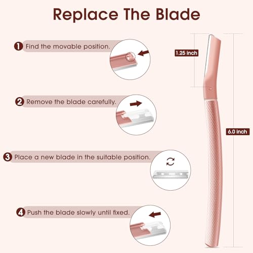 Dermaplane razor for women with 10 replaceable blades, dermaplaning tool for facial peach fuzz, eyebrows, exfoliation, and also suitable for shaving men beards, Rose Gold