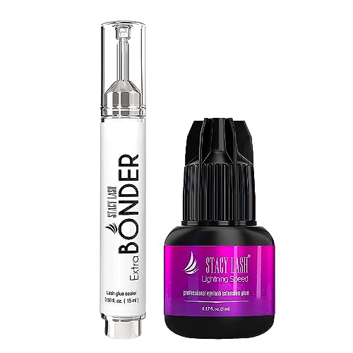 Extra Bonder for Lash Extensions 15ml + Lightning Speed Eyelash Extensions Glue 5ml - Stacy Lash/Eyelash Extension Sealer/Reduces Lash Extension Glue Fumes /0.3 Sec Drying time/6-8 Weeks Retention
