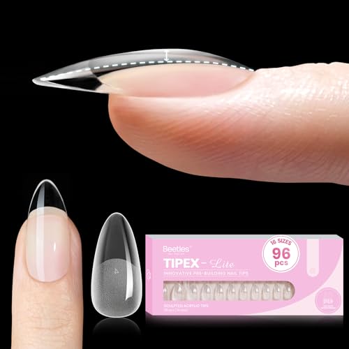 Beetles Tipex Lite Pre-Built Apex Nail Tips, Almond Medium,16 Sizes | 00-14, Flat-Nail Friendly Acrylic Tips for Natural Nail Beds, Easy for Beginner DIY