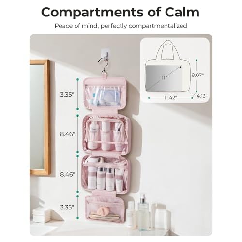 BAGSMART Travel Toiletry Bag for women, Portable Hanging Hook Makeup Bag Organizer, Waterproof Makeup Cosmetic Bag, for Full-Size Accessories, Toiletries, Pink