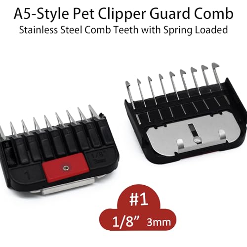 Professional Animal Stainless Steel Attachment Guide Guard Combs for A5 Style Detachable Blade Pet Groomers, 1/8"-1" Compatible with Wahl KM Series Andis AG BG Oster A5 A6 Animal Clippers (#1-1/8")