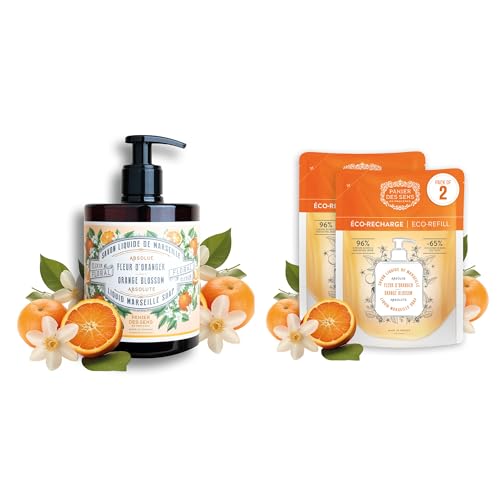 Panier des Sens - Orange Blossom Marseille Liquid Hand Soap + 2 Hand Soap Refills - Moisturizing Soap with Coconut Oil - Bathroom & Kitchen Foaming Soap - 96% Natural Ingredients Hand Wash-50.7 Fl.oz