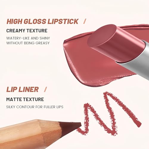 2PCS Lip Liner and Lipstick Combo Set, 2 in 2 Waterproof Lip Liner Long Lasting Lipstick Set, Matte Lipliner Pencil & Hydrating Lip Gloss Makeup Kits for Women (201)