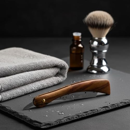 Professional Straight Razor with Wooden Handle Stainless Steel Blade Holder Barber Shaving Razor for Men Folding Shavette with Star Design Salon & Home Use