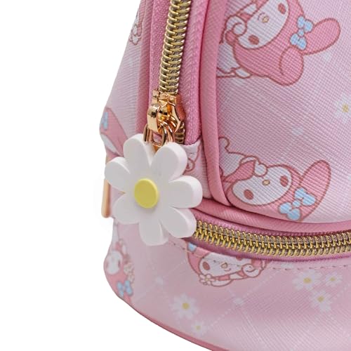 Impressions Vanity My Melody Double Layer Makeup Bag with Top and Bottom Zippered Compartments, My Melody Print Artwork Makeup Organizer with Faux Saffiano Leather, Inner Slip Pocket and Gold Hardware