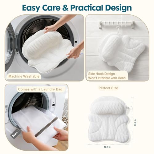 Bath Pillow Bathtub Pillow, Luxury Bath Pillows for Tub with Head, Neck & Back Support, 4D Air Mesh Bath tub Pillow with Extended Wings, Non-Slip Suction Cups Relaxing Spa Gift for Woman