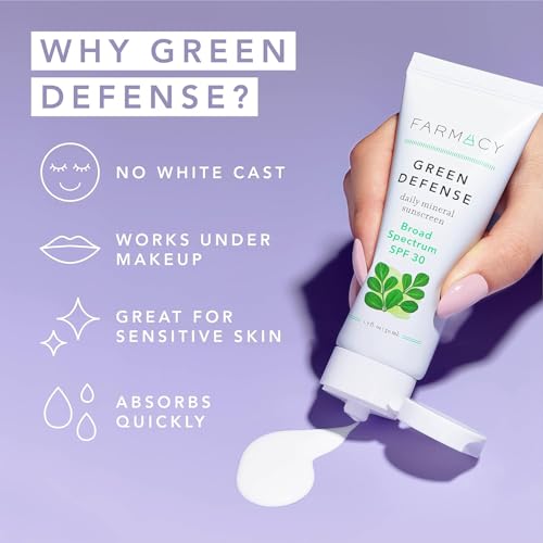 Farmacy Mineral Face Sunscreen SPF 30 - Broad Spectrum Zinc Oxide Sunscreen for Face - Daily Defense Sheer Mineral SPF for Sensitive Skin - Absorbs Quickly + Leaves No White Cast (50ml)