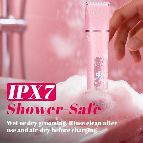 3-in-1 Bikini Trimmer for Women ? Electric Razor & Body Hair Trimmer with Charging Dock, USB-A to C7 Cable, IPX7 Waterproof, 1-Month Cordless, Battery% Display, Anti-Slip Grip ? X4 Blush Pink