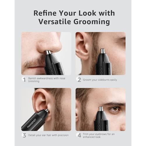 MANSPOT Nose & Ear Hair Trimmer for Men, 10000-RPM Electric Nose Trimmer for Men with Vacuum Cleaning System, IPX7 Waterproof, USB-C Charge, 90min Runtime,Magnetic Detachable Blade Head,Easy to Clean