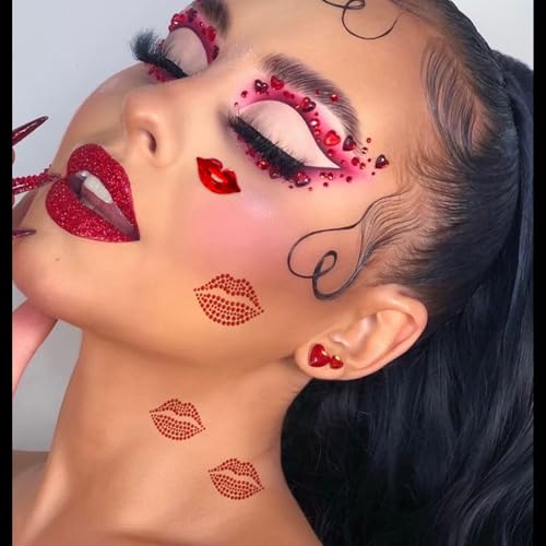 NOOEPC Red Face Gems Self-Adhesive Face Jewels, Red Face Glitter Lip Hair Gems, Festival Kiss Stickers, Face Rhinestone Stickers for Makeup, Eye, Hair, Body, Rave Accessories