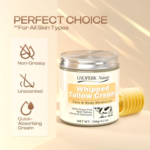 Organic Grass-Fed Beef Tallow Balm: Moisturizing Cream for Dry & Sensitive Skin, 120g/4.2oz