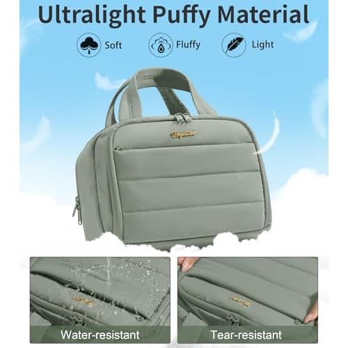 Travel Toiletry Bag for Women, Lightweight Large Quilted Puffy Makeup Bag Wide-open Make up Organizer Cloud Cosmetic Bag w/Handle for Traveling Toiletries Essentials Accessories Sage Green