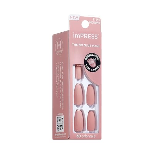 KISS Impress No Glue Mani 30 Pcs Press on Nails, Easy Apply, Hassle-Free Removal, Simple Peel & Press, Essential Tools Included, Prep Pad, 1 Manicure Stick, 1 Mini File (Magic U)