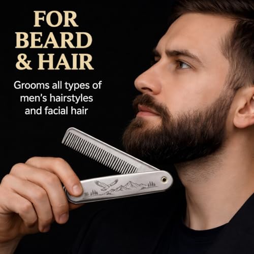 IN SELECT 304 Stainless Steel Folding Bread Comb for Men, Metal Pocket Comb, Static-Reducing Design, Travel Grooming Tool for Hair & Beard, Laser Engraved EDC Gift (Mountain & Eagle)