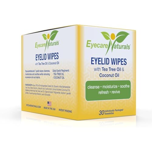Tea Tree Oil Eyelid Wipes with Coconut Oil - Dry Eye Wipes No Rinse, Natural Essential Oil Cleansing Eye Wipes - Daily Eyelid Makeup Remover - Box of 30 Individually Wrapped Wipes