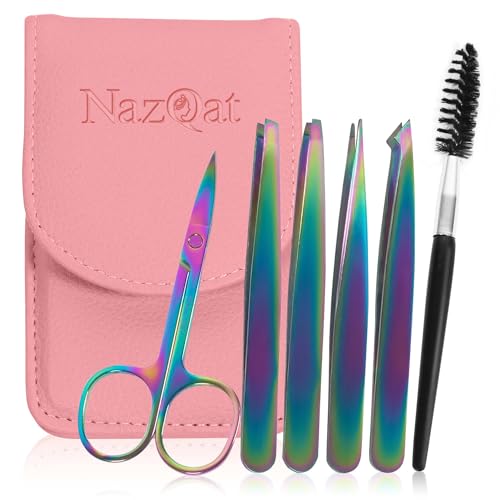 6-Piece Precision Eyebrow Tweezers for Women & Men - Professional Eyebrow & Facial Hair Grooming Kit with 4 Tweezers For Eyebrows, Eyebrow Scissors & Brush - Stainless Steel Tools in Leather Case