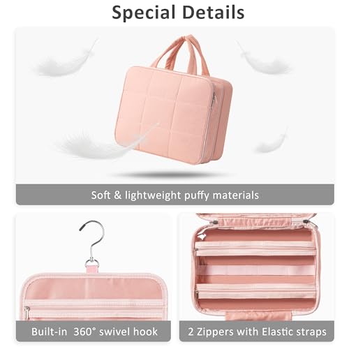 HBlife Travel Toiletry Bag with Jewelry Organizer for Women, Puffy Hanging Travel Bag for Toiletries with Trolley Belt, Waterproof Makeup Cosmetic Bag Organizer, Travel Accessories Essentials(Pink, M)