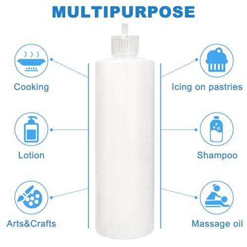 Bekith 12 Pack 16oz Plastic Squeeze Bottle with 24 Caps in 2 Styles, Refillable Plastic Bottles for Shampoo, Lotions, Liquid Body Wash, Sauce, BPA Free