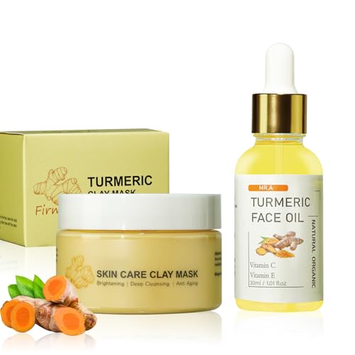 Turmeric Clay Mask & Serum Skincare Kit, Vitamin C Deep Cleansing Overnight Face Mask for Pores, Turmeric Face Oil for Dry Skin