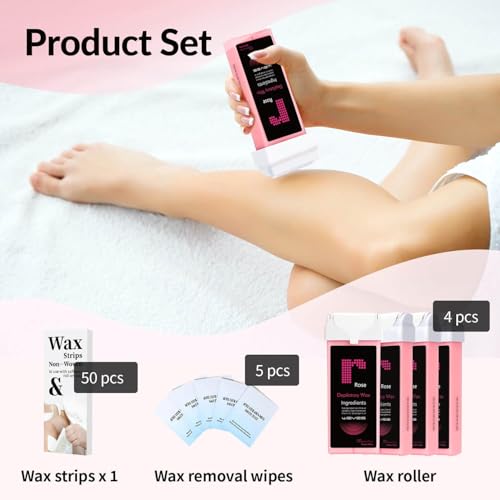 Roll On Wax Refill- Easy Home Waxing for Large Areas, 6 Weeks Smooth Skin (4 Wax Cartridges, 50 Waxing Strips, 5 Removal Wipes) (Rose)