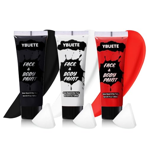 3Pcs Face Body Paint, Professional Paint for Halloween Cosplay Costume Party, Full-coverage Multi-Color Cream Makeup Body Paint for Adult Halloween Cosplay SFX Makeup Paint (White+Black+Red)