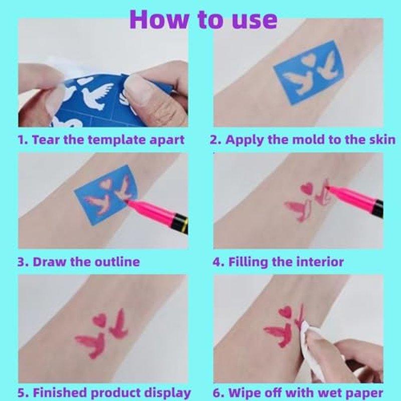 Temporary Tattoo Markers for Skin, 10 Body Markers Make Bold and Fine Lines, Cosmetic Quality + Tattoo Stencils for Kids and Adults, Dual-End Tattoo Pens for Body & Face Art, Halloween Makeup Kit