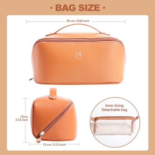 BS-MALL Travel Makeup Bag ? Portable Large Capacity Toiletry Bag Perfect for Organizing Travel Size Toiletries, Flat Opening for Easy Access with 1 Makeup Brush & Zipper Bag