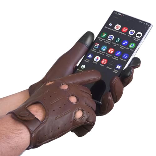Men's Touchscreen Genuine Leather Driving Gloves,Classic Knuckle Cut Design,Breathable Fit Gloves