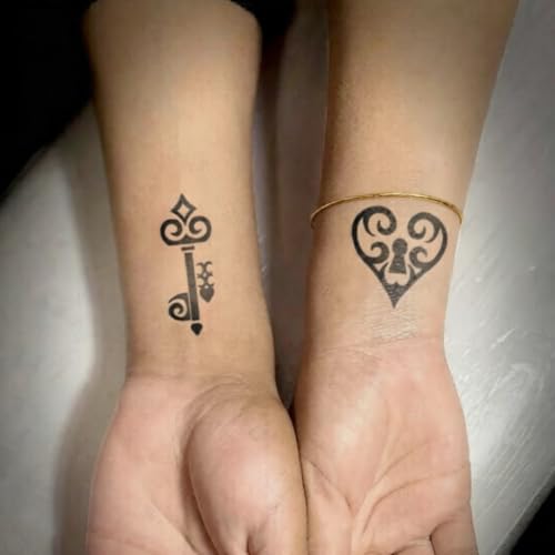 Semi Permanent Tattoo for Women Men, 2 Sheets Realistic Temporary Tattoos, Lasts 2 Weeks Fake Tattoo for Arm Wrist, Waterproof Non-Reflective, Heart Lock Key & Elegant Crown Cross Couple Tattoos