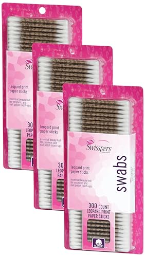 Swisspers Premium Cotton Swabs, 100% Pure Cotton Tips, Leopard Print Paper Sticks, 300 Count Pack (Pack of 3)