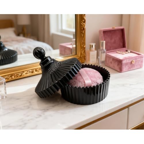 4.3 Inch Ultra Fluffy Body Powder Puff & 5.3 Inch Large Glass Jar Set,Dusting Powder Container with Puff,Multi-purpose Storage Holder Dish,Gothic Decor for Bedroom,Bathroom,Home(Black)
