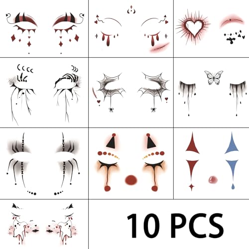 10 Pcs Horror Halloween Face Makeup Tattoos Stickers Clown Demon Ghost Vampire Spider Web Eye Shadow Temporary Stickers Scary Fake Eyeshadow Tattoos for Halloween Carnival Day of Dead Party Decoration