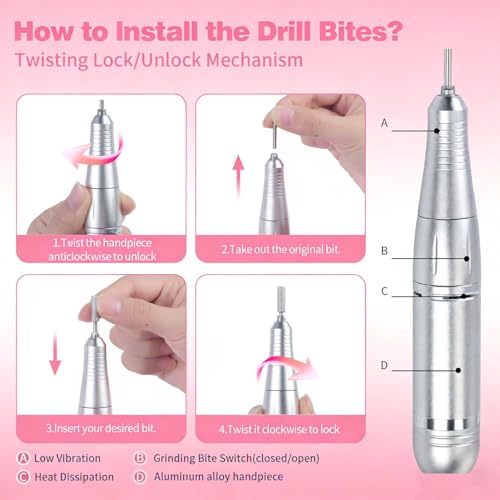 Nail Drill Machine 45000RPM, Professional Nail Drill Rechargeable, Low Noise Gel Drill Kit with 6 Drill Bits & Sanding Bands, Nail Electric File for Shaping, Polishing & Removing at Salon & Home