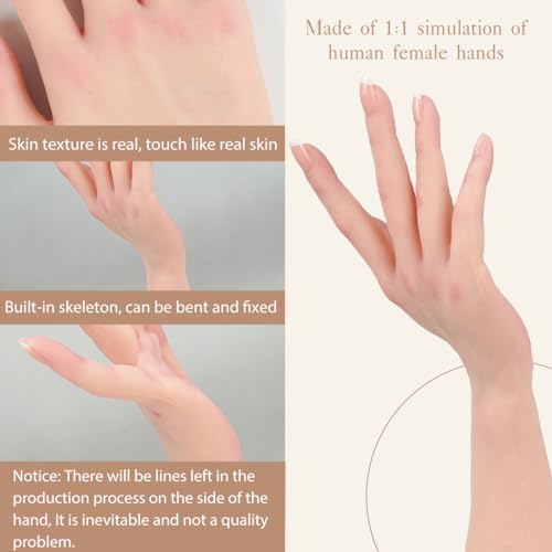 KUMIHO Realistic Silicone Female Hand Model Fake Hand for Jewelry Display Tattoo Training Practice Art Sketch with Nails, Left Hand - with Skeleton, Brown
