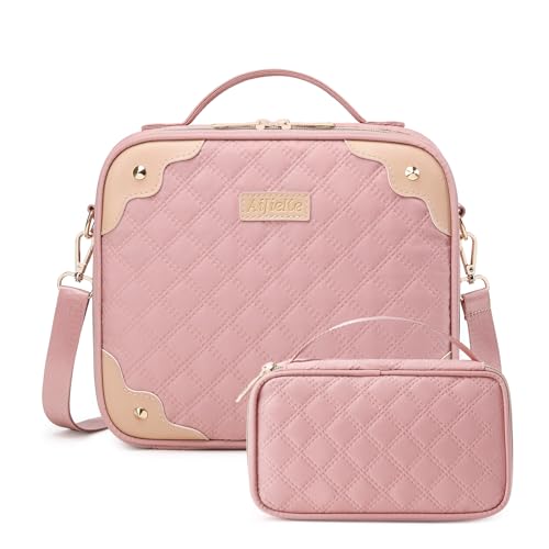 AIJIEKE Travel Makeup Bag, Cosmetic Bag with Small Make Up Organizer Case, Large Makeup Pouch for Women Purse for Cosmetics Accessories Brushes Skincare, Pink