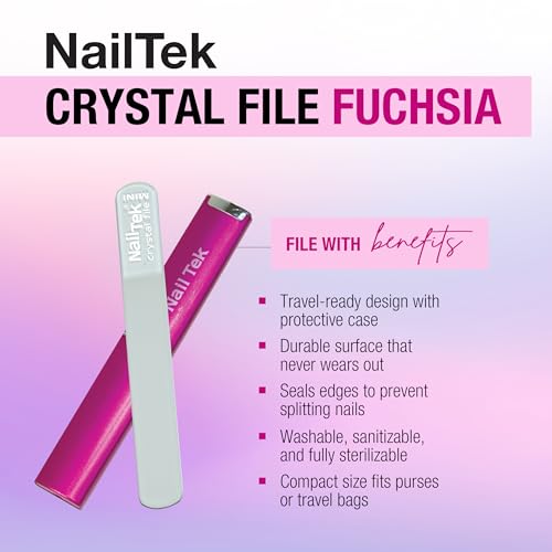 Nail Tek Crystal File - Glass Nail File with Case, Durable & Gentle for Natural Nails, Travel-Friendly Design, Fuchsia, Mini 3"