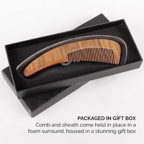 ZEUS Curved Sandalwood Beard Comb in Gift Box, Premium Grooming Essential with Sheath for Men¡¯s Beard & Hair (M31)