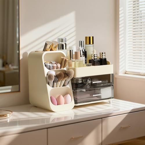 Delamu Big Makeup Organizer with Drawers, Spacious Cosmetic Display Caddy with Makeup Brush Holder, Bathroom Countertop Organizer for Vanity, Dorm, Desk, Beige