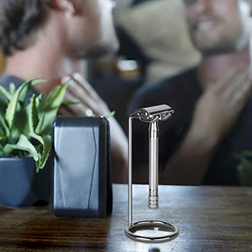 Linkidea Stainless Steel Safety Razor Stand, Polished Chrome Travel Shaving Razor Holder Compatible with Long Handle Safety Razor, Fusion 5 (Silver)