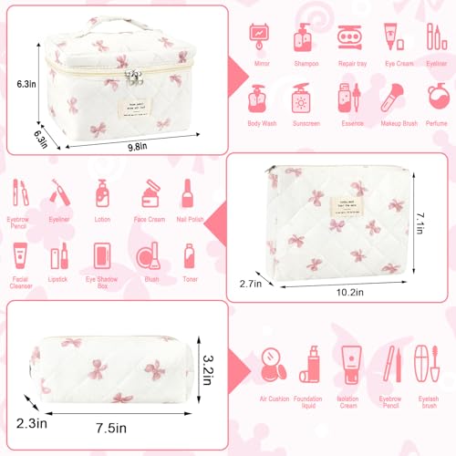 3Pcs Cotton Quilted Makeup Bag for Women Extra Large Coquette Small Floral Travel Cosmetic Bag Set Aesthetic Cute Bow Makeup Pouch Portable Toiletry Bag Puffy Essential Storage Organizer